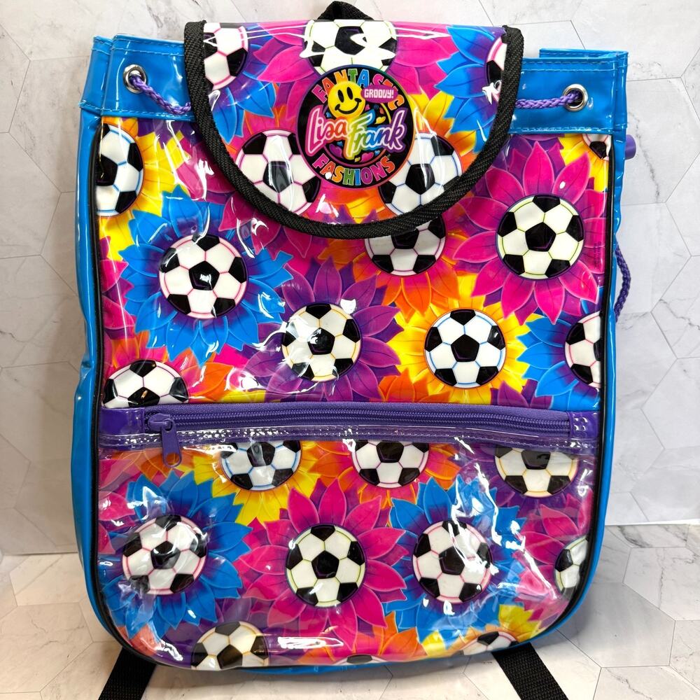 Vintage Lisa Frank Vinyl Backpack Soccer Ball Flower Drawstring 90s MINT HTF